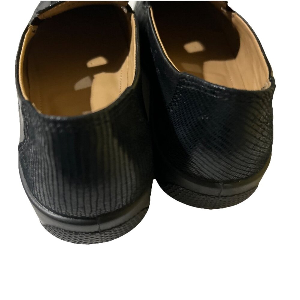 Hotter Slip On Shoes Flats Calypso Size 8.5 Black Leather Comfort Floral New - Picture 2 of 8